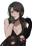  1girl bikini black_gloves blush breasts brown_hair cleavage collarbone elbow_gloves eyebrows_visible_through_hair gloves green_eyes green_gloves large_breasts legs_together long_hair looking_at_viewer metal_gear_(series) metal_gear_solid_v mismatched_gloves noriuma pantyhose ponytail quiet_(metal_gear) simple_background single_elbow_glove sitting solo swimsuit torn_clothes torn_legwear white_background 