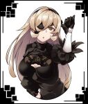  1girl :o black_dress black_gloves blindfold blonde_hair breasts cleavage cleavage_cutout clothing_cutout cosplay dress gloves highres impossible_clothes kerenmi long_hair looking_up medium_breasts nier_(series) nier_automata nijisanji nui_sociere one_eye_covered open_mouth skin_tight solo virtual_youtuber yellow_eyes yorha_no._2_type_b yorha_no._2_type_b_(cosplay) 