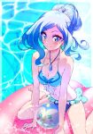  1girl bangs barefoot bikini blue_bikini blue_eyes blue_hair blush breasts cleavage closed_mouth earrings eyebrows_visible_through_hair healin&#039;_good_precure highres jewelry kyoutsuugengo long_hair medium_breasts parted_bangs pegitan_(precure) pendant precure sawaizumi_chiyu shiny shiny_hair shiny_skin sitting smile solo sparkle swimsuit wariza water_surface 