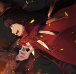  1girl bangs black_background black_hair cape collared_cape fate/grand_order fate_(series) fire hat highres long_hair looking_down mori_yashiro_(konkon_oyashiro) oda_nobunaga_(fate) oda_nobunaga_(fate)_(all) oda_nobunaga_(maou_avenger)_(fate) open_mouth popped_collar red_cape red_eyes solo uniform very_long_hair 