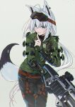  1girl ahoge animal_ears apex_legends assault_rifle blue_eyes braid chain denken eyebrows_visible_through_hair finger_to_mouth fox_ears fox_tail goggles goggles_on_head gun highres holding holding_gun holding_weapon hololive long_hair mirage_(apex_legends) pants ponytail rifle shirakami_fubuki simple_background smile solo standing star_(symbol) tail weapon white_hair 