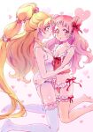  2girls absurdly_long_hair blonde_hair blue_legwear bow breasts cleavage collarbone cure_tomorrow cure_yell double_bun earrings floating_hair frilled_panties frills garter_straps hair_bow hair_ornament heart heart_earrings heart_hair_ornament highres hugtto!_precure jewelry kyoutsuugengo long_hair multiple_girls nono_hana open_mouth orange_eyes panties pink_hair precure red_bow red_panties shiny shiny_hair small_breasts thigh_strap thighs underwear underwear_only very_long_hair yuri 
