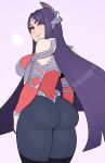  1girl absurdres ass bare_shoulders blush breasts breath commentary green_eyes highres irelia large_breasts league_of_legends long_hair looking_at_viewer looking_back pants purple_background purple_hair simple_background solo splashbrush thighs tight tight_pants very_long_hair 