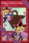  2boys artist_name blonde_hair blue_jacket card_(medium) closed_mouth commentary dated duel_monster happy_valentine heart highres holding jacket kuriboh male_focus millennium_puzzle multicolored_hair multiple_boys mutou_yuugi outline pants purple_ribbon ribbon shirt shoes smile soya_(sys_ygo) spiked_hair valentine yami_yuugi yu-gi-oh! 