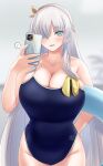  1girl anastasia_(fate) bangs bare_shoulders blue_eyes blue_swimsuit blush breasts cellphone cleavage collarbone fate/grand_order fate_(series) gachou hair_over_one_eye hairband highleg highleg_swimsuit highres innertube large_breasts long_hair looking_at_viewer one-piece_swimsuit open_mouth phone silver_hair smile swimsuit thighs 