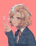 1girl blonde_hair blue_eyes collared_shirt eyebrows_visible_through_hair long_sleeves looking_at_viewer metal_gear_(series) metal_gear_solid_peace_walker neck_ribbon noriuma paz_ortega_andrade peace_symbol pink_background red_ribbon ribbon shirt short_hair sidelighting sideways_glance simple_background sleeves_past_wrists smile solo upper_body v wavy_hair white_shirt 