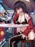  2girls absurdres azur_lane bikini black_bikini black_hair black_legwear breast_rest breasts cleavage collarbone eyebrows_visible_through_hair eyewear_on_head hand_on_head hand_on_thigh highres jacket large_breasts latex latex_legwear long_hair looking_at_viewer multiple_girls open_clothes open_jacket race_queen red_eyes red_jacket she_taizi sitting swimsuit taihou_(azur_lane) taihou_(enraptured_companion)_(azur_lane) takao_(azur_lane) takao_(full_throttle_charmer)_(azur_lane) thighhighs thighs 