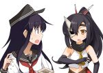  2girls akatsuki_(azur_lane) akatsuki_(kancolle) anchor_symbol azur_lane bangs beans black_gloves black_hair black_headwear black_sailor_collar brown_eyes crossover ebizome elbow_gloves eyebrows_visible_through_hair fingerless_gloves flat_cap gloves hair_between_eyes half_mask hat headgear highres kantai_collection long_hair long_sleeves mamemaki mask masu multiple_girls namesake neckerchief open_mouth ponytail purple_eyes purple_hair red_neckwear sailor_collar school_uniform serafuku setsubun simple_background sleeveless sweat white_background yellow_neckwear 