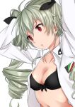  1girl anchovy_(girls_und_panzer) anzio_school_uniform arms_up bangs black_bow black_bra bow bra breasts cleavage collarbone collared_shirt dress_shirt drill_hair girls_und_panzer green_hair hair_between_eyes hair_bow long_hair long_sleeves medium_breasts navel open_clothes open_mouth open_shirt red_eyes school_uniform shiny shiny_hair shirt simple_background solo suzumo70 twin_drills twintails underwear upper_body very_long_hair white_background white_shirt wing_collar 