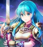  1girl aqua_eyes aqua_hair armor bangs breastplate closed_mouth eirika_(fire_emblem) fingerless_gloves fire_emblem fire_emblem:_the_sacred_stones fire_emblem_heroes gloves hair_between_eyes half_gloves holding_hands long_hair looking_at_viewer puffy_short_sleeves puffy_sleeves red_shirt shirt short_sleeves shoulder_armor shoulder_pads sidelocks solo sword umipro weapon 