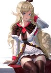  1girl absurdres arm_behind_head arm_support azur_lane bangs black_legwear black_skirt blonde_hair blue_eyes blush breasts brown_capelet brown_ribbon capelet coat commentary cowboy_shot dorsetshire_(azur_lane) dress eyebrows_visible_through_hair hair_between_eyes hair_intakes hair_ribbon highres long_hair long_sleeves looking_at_viewer medium_breasts miniskirt panties pantyshot parted_lips partially_unbuttoned ribbon sankyo_(821-scoville) sidelocks simple_background sitting skirt smile solo thighhighs underwear very_long_hair white_background white_coat white_dress white_panties zettai_ryouiki 