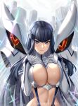  1girl arms_up bangs black_hair blue_eyes blunt_bangs breasts cleavage_cutout closed_mouth clothing_cutout enmanuelart20 eyebrows_visible_through_hair eyes_visible_through_hair gloves highres junketsu kill_la_kill kiryuuin_satsuki large_breasts long_hair long_sleeves looking_at_viewer midriff navel revealing_clothes shirt solo sparkle upper_body white_background white_gloves white_shirt 