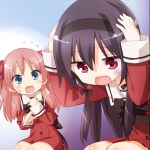  2girls azumi_risa blue_eyes chibi gradient gradient_background hair_ribbon headband kirishima_shizuku long_hair meme meme_attire multiple_girls official_art open_mouth red_eyes red_hair ribbon school_uniform second-party_source sono_hanabira_ni_kuchizuke_wo st._michael&#039;s_school_uniform 