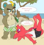 3_toes animal_crossing anthro barefoot beach beaver blonde_hair blue_eyes c.j._(animal_crossing) chameleon clothing countershade_feet countershading duo fantasizing feet fishing_rod flick_(animal_crossing) hair hi_res legs_up lizard male male/male mammal navel nintendo nipples red_body red_scales reptile rodent scales scalie seaside soles spread_toes swimwear tbid toes video_games 