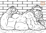  accessory anthro biceps butt goro_(live-a-hero) headband hi_res legs_up live-a-hero looking_at_viewer male mammal monochrome musclegut nude red_panda_mirr sketch solo ursid 