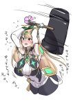  blonde_hair blush breasts earrings flower hair_flower hair_ornament hammer highres jewelry large_breasts miniskirt mythra_(xenoblade) open_mouth pantyhose ryouten9 skirt solo super_smash_bros. translation_request white_background xenoblade_chronicles_(series) xenoblade_chronicles_2 yellow_eyes 