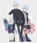  1boy age_progression bag bangs beldum belt black_bag black_shirt buttons closed_mouth collared_shirt cradily gen_3_pokemon grey_background grey_eyes grey_hair hand_on_hip highres jacket male_focus number pants pokemon pokemon_(creature) purple_shirt shirt shoes simple_background sleeves_rolled_up smile sneakers spiked_hair steven_stone xia_(ryugo) younger 