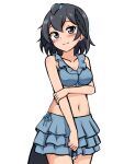  1girl alternate_costume arm_under_breasts bangs bare_arms bare_shoulders black_hair blue_eyes blush breasts collarbone cowboy_shot greater_lophorina_(kemono_friends) hair_between_eyes head_wings highres kemono_friends looking_at_viewer medium_breasts midriff navel shiraha_maru short_hair simple_background smile solo tail white_background 