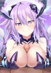  1boy 1girl absurdres bimmy black_gloves blue_eyes braid breasts censored cleavage eyebrows_visible_through_hair gloves hair_between_eyes hair_ornament highres long_hair medium_breasts naughty_face navel neptune_(series) paizuri penis power_symbol purple_hair purple_heart purple_heart_(chaos_form) revealing_clothes solo_focus symbol-shaped_pupils twin_braids twintails very_long_hair 