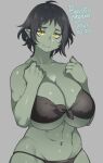  1girl 2021 agawa_ryou bikini black_bikini breasts cleavage collarbone colored_skin dated english_commentary fangs female_orc green_skin grey_background huge_breasts looking_at_viewer navel orc original simple_background solo swimsuit wide_hips yellow_eyes 