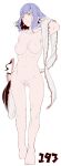  1girl collarbone completely_nude embarrassed flat_color frown full_body hat hi_you_(flying_bear) highres holding holding_clothes holding_hat holding_shawl looking_away medium_hair nagae_iku nipples nude pubic_hair purple_hair ribbon ribs shawl solo touhou walking yellow_eyes 