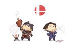  2boys black_hair capcom chibi company_connection earrings food formal gyakuten_saiban hakama_pants jewelry male_focus meat monster_hunter monster_hunter_rise multiple_boys naruhodou_ryuuichi necktie nin_nakajima short_hair stool suit super_smash_bros. 