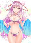  1girl bangs bikini breasts bright_pupils cleavage commentary_request cowboy_shot eyebrows_visible_through_hair fox_mask frills hata_no_kokoro highres holding large_breasts long_hair looking_at_viewer mask navel noh_mask parted_lips pink_eyes pink_hair purple_bikini simple_background solo standing star_(symbol) starry_background swimsuit touhou very_long_hair white_background white_pupils y2 