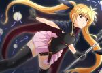  1girl artist_name bardiche black_gloves black_legwear black_leotard blonde_hair blush cape diesel-turbo eyebrows_visible_through_hair fate_testarossa gloves hair_ornament hair_ribbon leotard long_hair lyrical_nanoha mahou_shoujo_lyrical_nanoha mahou_shoujo_lyrical_nanoha_a&#039;s miniskirt night night_sky parted_lips pink_skirt red_eyes ribbon shiny shiny_hair skirt sky solo thighhighs twintails 