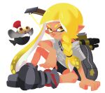  1girl arm_support asymmetrical_hair backpack bag bangs bike_shorts black_footwear blonde_hair blunt_bangs blush bow_(weapon) braid bulging_eyes closed_mouth colored_sclera commentary_request domino_mask eyebrow_cut fish flat_chest full_body grey_shirt hair_tie happy highres inkling isamu-ki_(yuuki) knee_up light_blush long_hair looking_at_viewer mask nose_blush open_mouth orange_eyes pointy_ears red_eyes red_hair shiny shiny_hair shirt shoes short_hair short_sleeves simple_background single_braid sitting smallfry_(splatoon) smile solo_focus splatoon_(series) splatoon_3 spread_legs suction_cups teeth tentacle_hair tentacles tied_hair twintails very_long_hair weapon weapon_on_back white_background yellow_sclera zipper zipper_pull_tab 