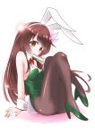  1girl absurdres animal_ears black_legwear brown_eyes brown_hair bunny_ears bunny_tail commentary_request detached_collar eating fake_animal_ears full_body green_footwear green_leotard hair_ornament high_heels highres hishimochi kantai_collection kisaragi_(kancolle) leotard long_hair mochi pantyhose playboy_bunny red_neckwear sitting solo tail taisinkoku white_background wrist_cuffs 