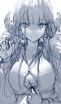  1girl absurdres aru_(blue_archive) blue_archive blush bra breasts cleavage closed_mouth collared_shirt commentary english_commentary eyebrows_visible_through_hair frown greyscale hews highres holding holding_hair horns large_breasts long_hair looking_at_viewer mole mole_on_breast monochrome partially_unbuttoned shirt shirt_pull simple_background sketch solo sweat sweating_profusely underwear upper_body white_background 