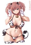  1girl animal_costume animal_ears animal_print atlanta_(kancolle) bell bell_collar bikini blush breasts brown_hair chinese_zodiac cleavage collar collarbone cow_costume cow_ears cow_girl cow_horns cow_print cow_tail cowbell cowboy_shot earrings ebifurya eyebrows_visible_through_hair fake_horns front-tie_bikini front-tie_top gloves grey_eyes highres horns jewelry kantai_collection large_breasts long_hair looking_at_viewer navel open_mouth partially_fingerless_gloves print_bikini print_legwear side-tie_bikini solo star_(symbol) star_earrings swimsuit tail thighhighs twintails two_side_up white_background year_of_the_ox 