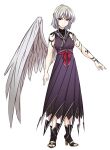  1girl ankle_boots arm_tattoo arms_at_sides boots braid closed_mouth dress feathered_wings french_braid grey_hair grey_wings high_heel_boots high_heels highres kishin_sagume long_dress looking_at_viewer medium_hair purple_dress red_eyes shoulder_tattoo shukusuri single_wing solo standing tattoo toeless_boots touhou wings 