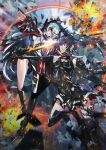  2girls absurdres black_hair boots breasts center_opening clenched_hand explosion fighting floating_hair highres holding holding_sword holding_weapon huge_filesize long_hair looking_down looking_up lucia_(punishing:_gray_raven) lucia_s_crimson_abyss mecha_musume medium_breasts multiple_girls paintedmike punishing:_gray_raven science_fiction skin_tight sword sword_clash thigh_boots thighhighs twintails underboob v-shaped_eyebrows weapon white_hair 