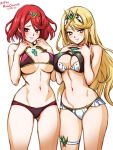  2girls bangs blonde_hair blush breasts chest_jewel cleavage earrings gem headpiece jewelry large_breasts long_hair looking_at_viewer mina_cream multiple_girls mythra_(xenoblade) navel pyra_(xenoblade) red_hair short_hair smile super_smash_bros. swept_bangs tiara very_long_hair xenoblade_chronicles_(series) xenoblade_chronicles_2 yellow_eyes 