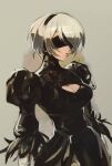  1girl black_blindfold black_dress black_hairband blindfold breasts cleavage cleavage_cutout clothing_cutout covered_eyes dress feather-trimmed_sleeves hairband juliet_sleeves large_breasts long_sleeves narrow_waist nier_(series) nier_automata optionaltypo puffy_sleeves silver_hair solo standing turtleneck_dress upper_body vambraces yorha_no._2_type_b 