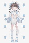  1girl :| ahoge apron bandaid bandaid_on_knee bangs beret blue_bow blue_dress blue_eyes blue_ribbon blue_theme blunt_bangs boots bow bowtie brown_hair closed_mouth collared_dress daizu_(melon-lemon) dress expressionless frilled_legwear frills full_body grey_background hair_ornament hair_ribbon hairclip hat hat_bow head_tilt heart heart_background highres kneehighs large_bow looking_at_viewer mittens muted_color no_nose original oven_mitts petticoat plaid plaid_bow plaid_dress puffy_short_sleeves puffy_sleeves ribbon short_dress short_sleeves sidelocks solo standing swept_bangs twintails v_arms waist_apron white_apron white_bow white_headwear white_legwear white_mittens white_neckwear x_hair_ornament 