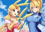  1other 2girls animal_ears armor bangs blonde_hair blue_bodysuit blue_eyes blush bodysuit bracer breasts bunny_ears circlet dress earrings gloves high_ponytail highres jewelry katwo kirby kirby_(series) long_hair medium_breasts metroid mole mole_under_mouth multiple_girls necklace pointy_ears ponytail princess_zelda samus_aran shoulder_armor simple_background skin_tight smile super_smash_bros. the_legend_of_zelda the_legend_of_zelda:_a_link_between_worlds tiara triforce zero_suit 