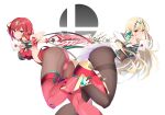  2girls absurdres ass bangs bare_shoulders black_legwear blonde_hair boots breasts daive dress envelope eyebrows_visible_through_hair fingerless_gloves gem gloves headpiece highres jewelry large_breasts leg_up long_hair looking_at_viewer multiple_girls mythra_(xenoblade) pantyhose pyra_(xenoblade) red_eyes red_footwear red_hair short_hair simple_background smash_ball smash_invitation smile super_smash_bros. swept_bangs thighband_pantyhose tiara white_background xenoblade_chronicles_(series) xenoblade_chronicles_2 yellow_eyes 