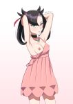  1girl asymmetrical_bangs bangs black_choker black_hair black_nails breasts choker dress earrings green_eyes hair_ribbon highres jewelry marnie_(pokemon) medium_hair nail_polish nipples pink_dress pokemon pokemon_(game) pokemon_swsh presenting_armpit ribbon strap twintails zedxxx 