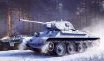  absurdres armored_vehicle caterpillar_tracks day fire forest gekkou583 grass ground_vehicle gun highres machine_gun military military_vehicle motor_vehicle nature no_humans original photorealistic snow soviet t-34 tank tree weapon wheel world_war_ii 