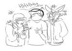  2016 animate_inanimate anko_dango anthro bamanboi black_and_white canid canine clothed clothing crying_laughing english_text eyelashes eyes_closed eyewear fox hat headgear headwear hoodie inanimate_object kettle laugh mammal monochrome nfkrz open_mouth pyrocynical shirt simple_background sketch steam sunglasses teeth text tongue topwear traditional_media_(artwork) trio white_background 