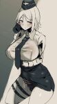  1girl akitaka_takaaki bar_censor blush breasts censored collared_shirt erection erection_under_clothes futanari garrison_cap girls_frontline gloves hat highres large_breasts long_sleeves mp40_(girls_frontline) necktie pencil_skirt penis shirt short_hair simple_background skirt solo thigh_strap 