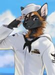  5_fingers anthro black_body black_fur black_nose canid canine clothed clothing ears_up fingers fox fur gesture hat headgear headwear hi_res koul looking_at_viewer male mammal necktie open_eye orange_body orange_fur paws pink_eyes sailor salute slim smile solo teeth uniform 