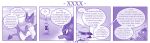  4koma ambiguous_gender anthro braver_(character) clothing comic dialogue disaster_dragon dragon duo english_text feral hi_res kobold mask melee_weapon monochrome profanity purple_theme scalie speech_bubble text vavacung weapon wings 