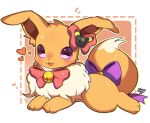  accessory bell better_version_at_source bow_tie brown_body brown_fur compression_artifacts dipstick_tail eevee fan_character female feral foxlett fur hair_accessory hair_bow hair_ribbon lying multicolored_tail nintendo on_front open_mouth pok&eacute;mon pok&eacute;mon_(species) purple_eyes ribbons simple_background smile solo tail_bow tail_ribbon video_games 