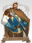  1boy armor beard belt blue_gloves breastplate brooch brown_hair cape character_name cleric dungeons_&amp;_dragons:_shadow_over_mystara dungeons_and_dragons english_commentary facial_hair faulds gloves greldon hand_on_belt highres holding holding_weapon jewelry leather_armor mace male_focus morry muscular muscular_male short_hair solo studded weapon 