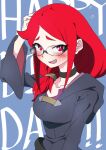  1girl background_text bespectacled black_choker blue_background blush breasts choker collarbone commentary_request glasses hair_tubes happy_birthday kou_eno little_witch_academia long_hair looking_at_viewer medium_breasts open_mouth red_eyes red_hair robe shiny_chariot simple_background smile solo spoilers sweatdrop upper_body ursula_charistes wide_sleeves 