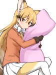  1girl absurdres animal_ear_fluff animal_ears bangs black_gloves black_hair blonde_hair body_pillow bow bowtie expressionless extra_ears eyebrows_visible_through_hair ezo_red_fox_(kemono_friends) fox_ears fox_girl fur-trimmed_sleeves fur_trim gloves gradient_hair hair_between_eyes highres jacket kemono_friends long_hair long_sleeves looking_at_viewer multicolored multicolored_clothes multicolored_hair multicolored_legwear necktie orange_jacket pantyhose pillow pillow_hug pleated_skirt shiraha_maru simple_background skirt solo tail very_long_hair white_background white_bow white_legwear white_neckwear white_skirt yellow_eyes yellow_legwear yellow_neckwear 