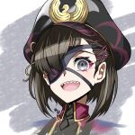  1other bangs black_hair black_headwear blush dress eyepatch fate/grand_order fate_(series) grey_eyes hair_over_one_eye hat looking_at_viewer mysterious_ranmaru_x_(fate) nabeiro_kin open_mouth peaked_cap purple_dress sharp_teeth shiny shiny_hair short_hair smile solo teeth upper_body white_background 